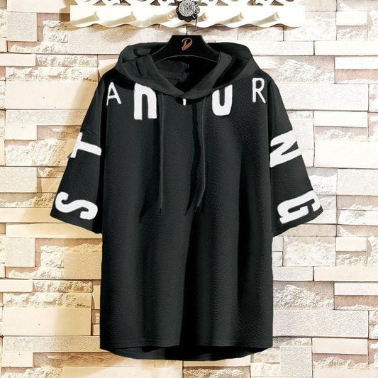 Cotton Blend Printed Half Sleeves Mens Hooded Neck T-Shirt