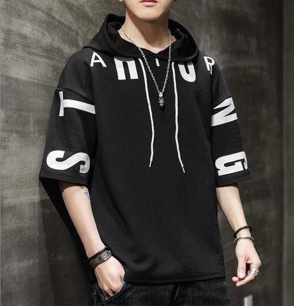 Cotton Blend Printed Half Sleeves Mens Hooded Neck T-Shirt